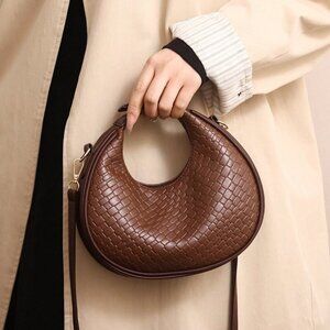 Coffee Brown Vintage Women's Zipper Closure Faux Leather Woven Bag